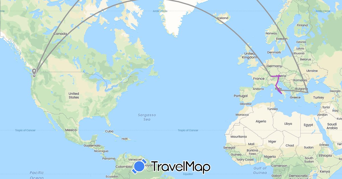 TravelMap itinerary: driving, plane, train in Austria, Switzerland, Italy, Turkey, United States (Asia, Europe, North America)